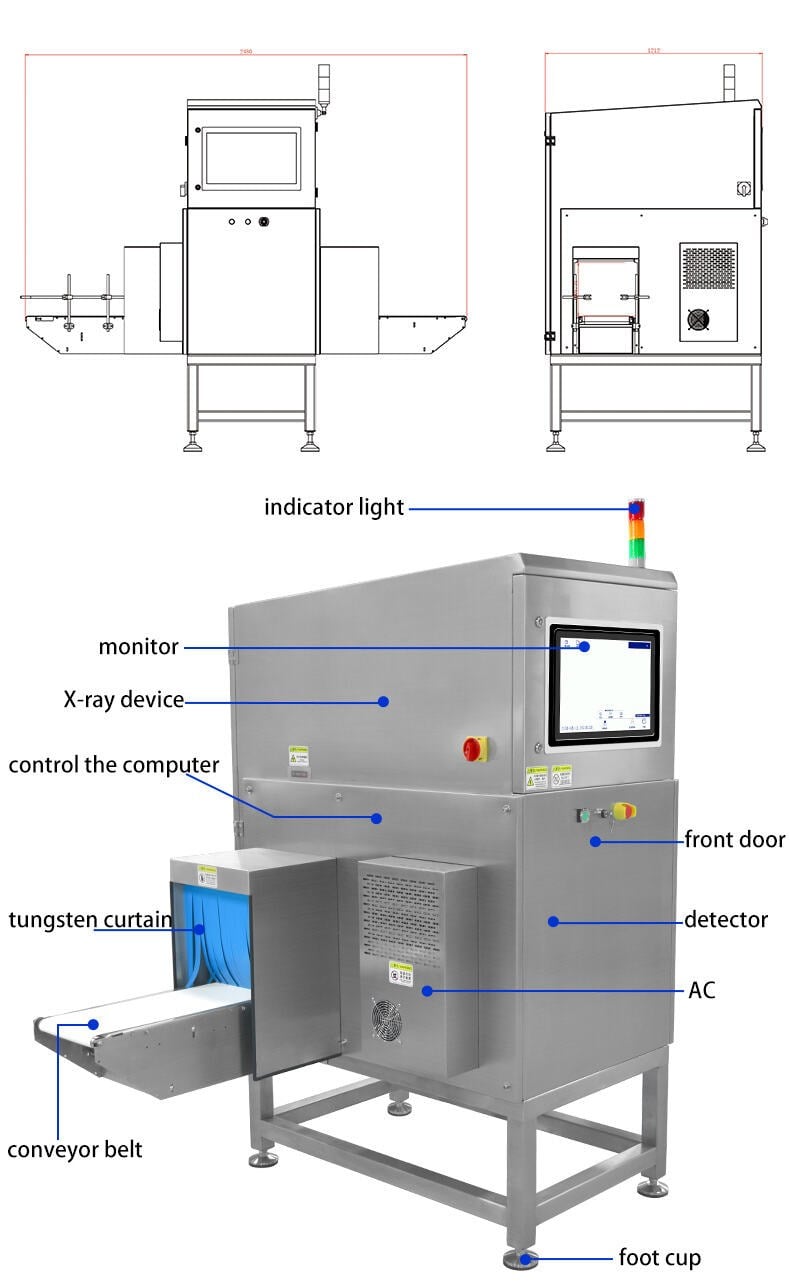 x-ray inspection machine structure diagram showing X-ray source, tungsten curtain, conveyor and monitor