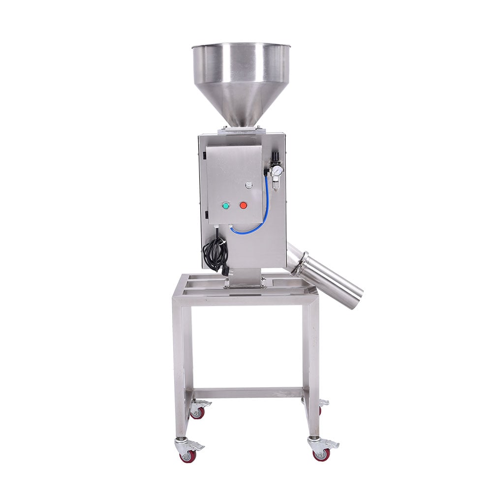 free-fall metal separator in 304 stainless steel with inlet hopper, control panel and angled reject outlet, on a wheeled frame