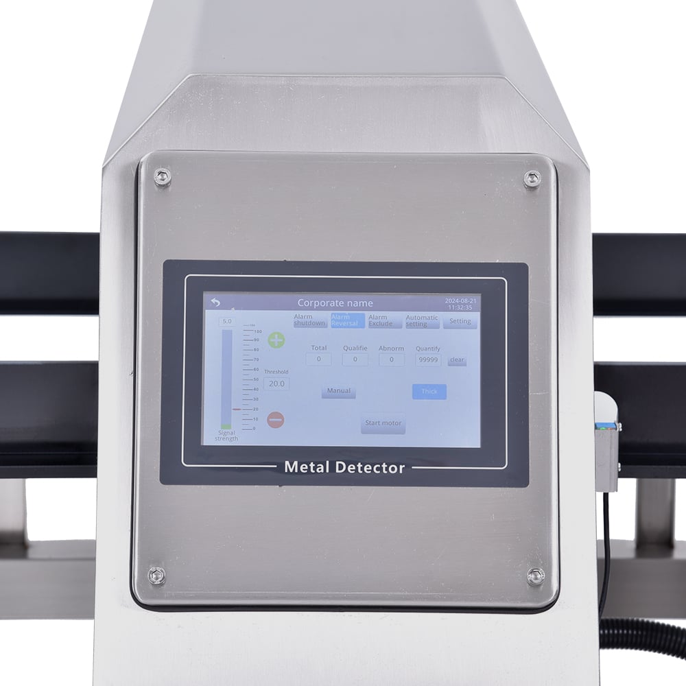 metal detector touchscreen control panel showing signal strength, threshold and product counters