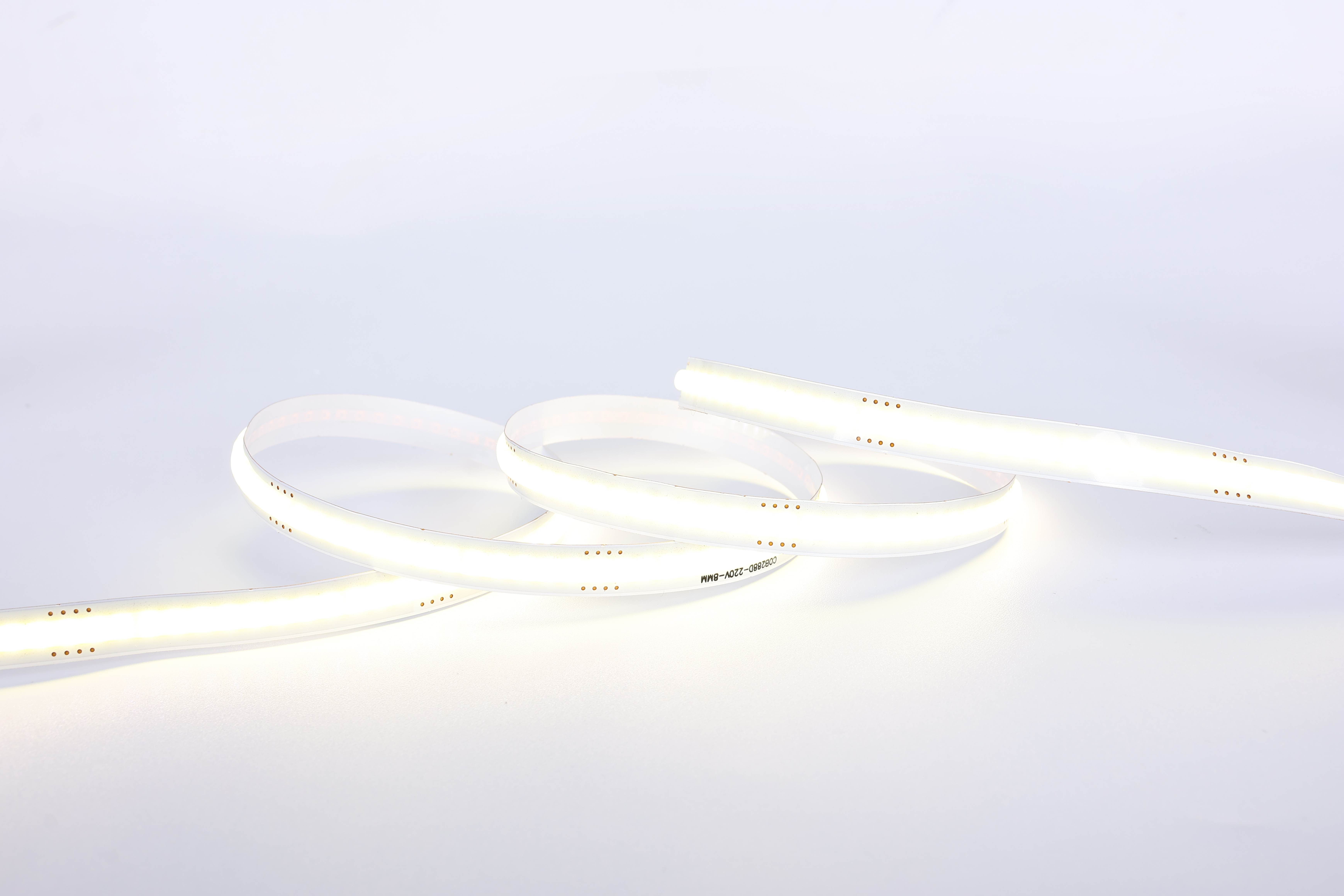 Striscia LED COB ad alta resa cromatica CRI90, alimentazione CA 220 V, 288 LED/m con cavo di alimentazione con spina, opzioni di temperatura colore da 2700 K a 6500 K, per illuminazione architettonica e al dettaglio