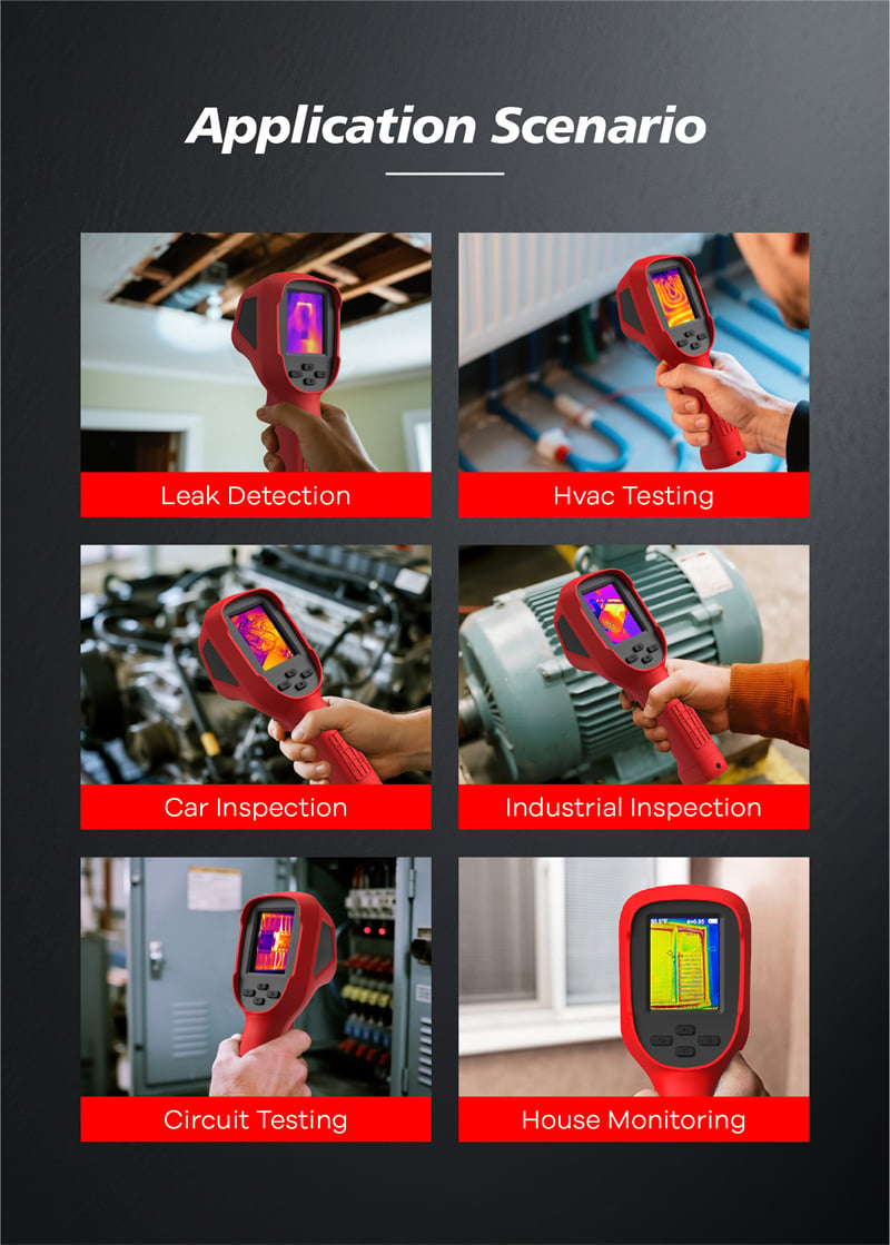 LSJ technology thermal imaging camera in six application scenarios: leak detection, HVAC testing, car inspection, industrial inspection, circuit testing and house monitoring