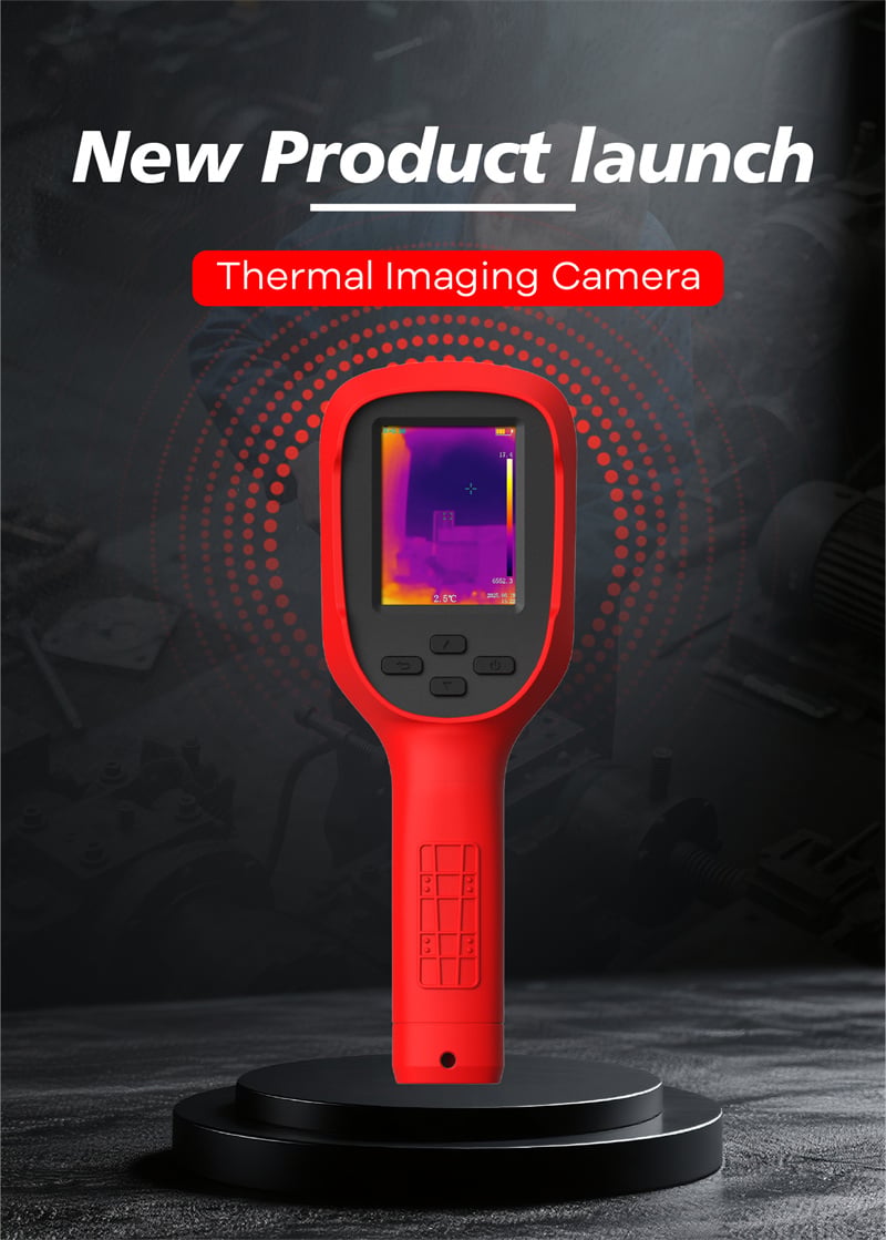LSJ technology red handheld thermal imaging camera showing a live infrared temperature image on screen, product launch hero shot
