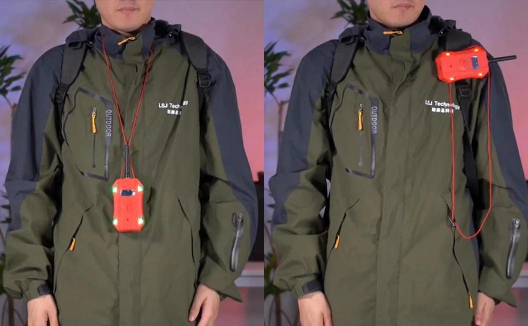 Rescue worker wearing the LSJ HX-TAC AC voltage detector on a chest lanyard and clipped to a shoulder strap for hands-free leakage detection