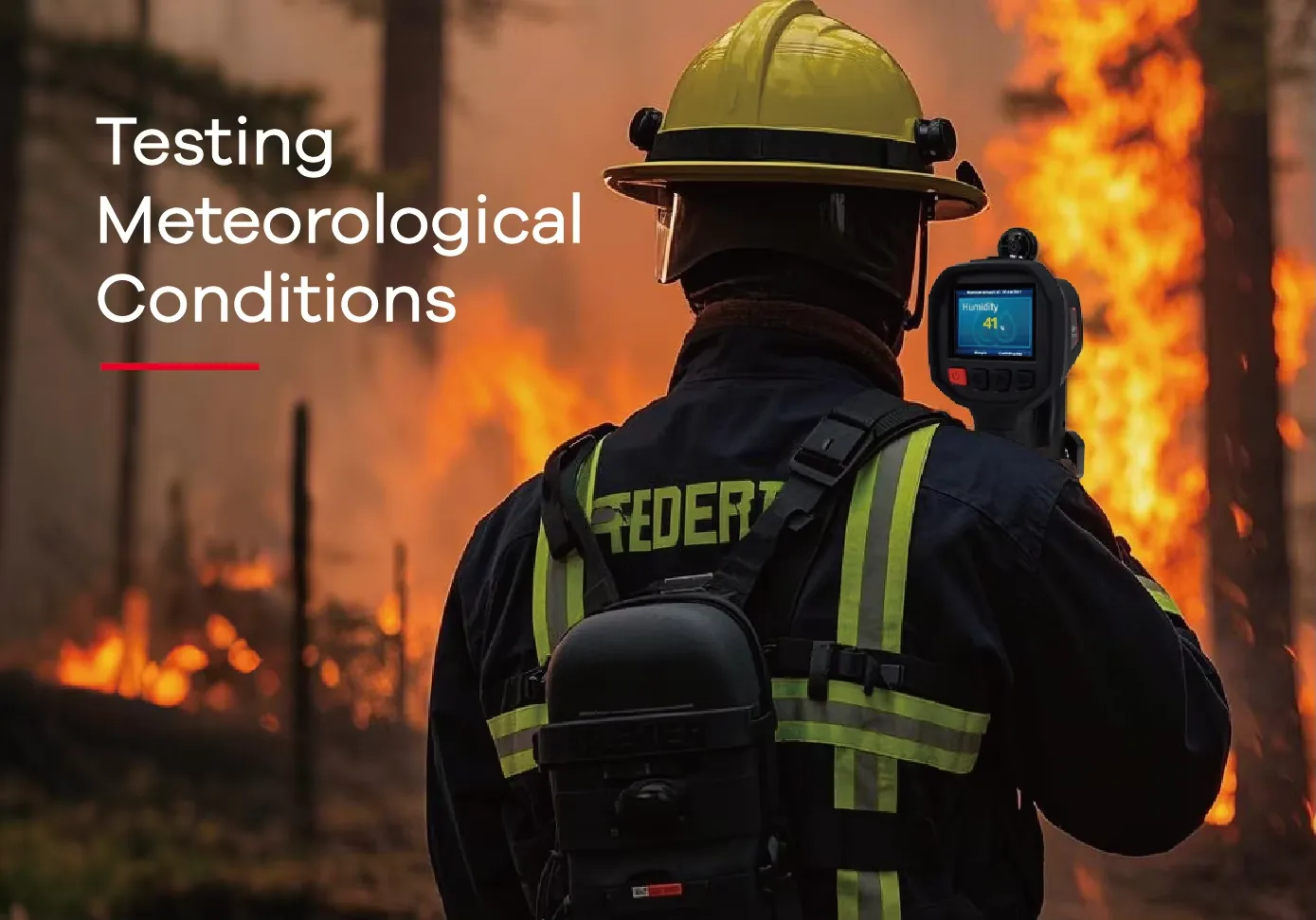 Wildland firefighter reading humidity and meteorological data on the LSJ MF-500 weather meter screen