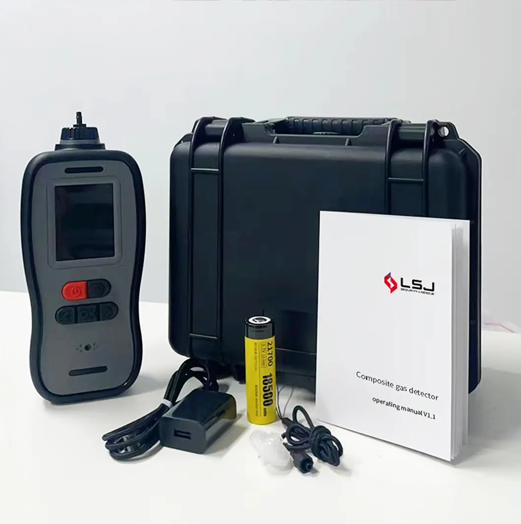 LSJ SEED-MG Standard Delivery Package Contents LSJ SEED-MG multi gas detector delivery package: detector, protective case, 18500 battery, charger, USB cable and LSJ operating manual