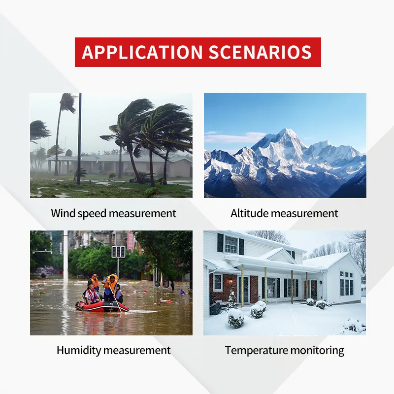 LSJ HW-W01 application scenarios: high-wind hurricane conditions, mountain altitude measurement, flood rescue humidity monitoring and cold-weather temperature monitoring