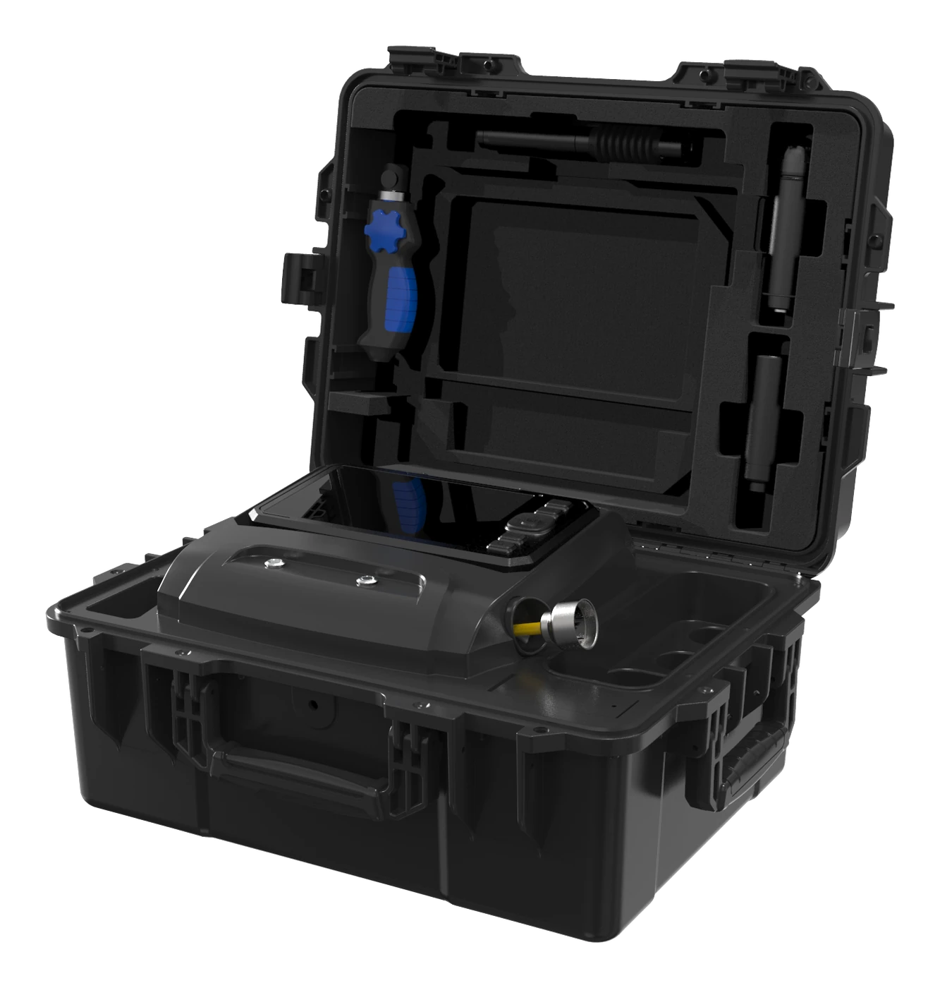 LSJ CAMB-V500 box-type audio/video life detector, integrated carry case LSJ CAMB-V500 box type audio and video life detector open integrated rugged carry case