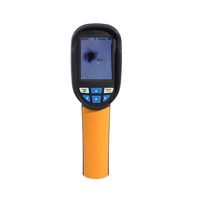 LSJ E120 handheld thermal imaging camera front view with live thermal image on the 2.8-inch TFT screen