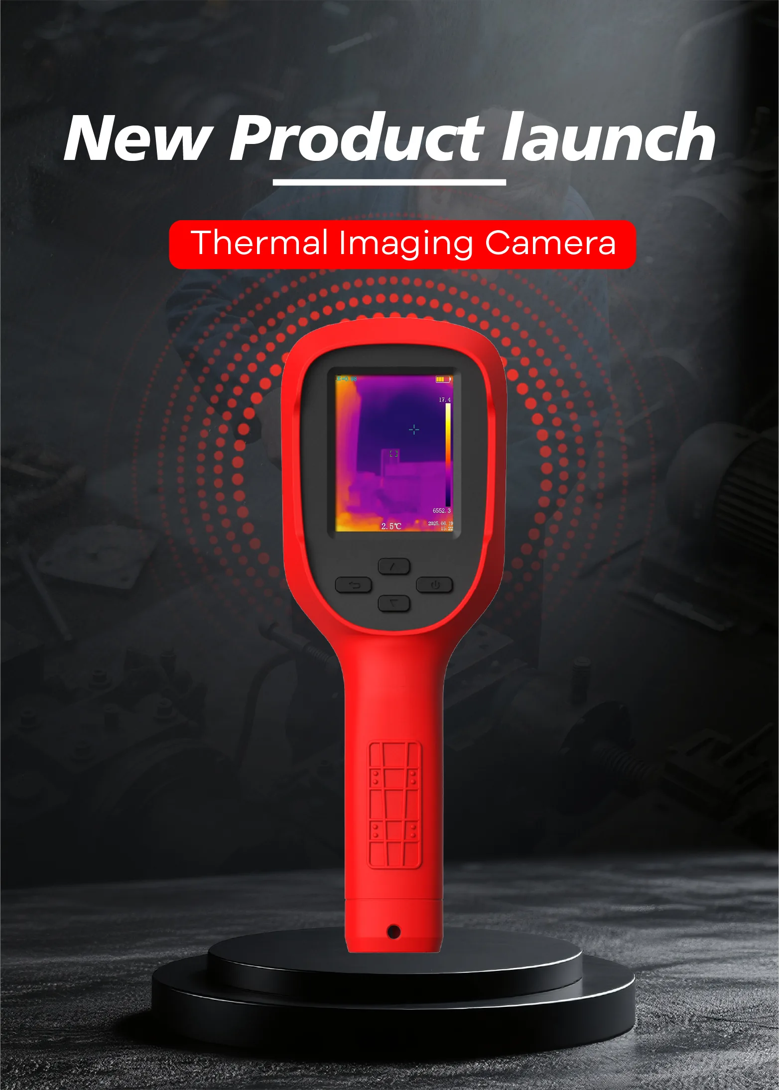 LSJ E310 Plus handheld thermal imaging camera with red industrial housing showing a live thermal image