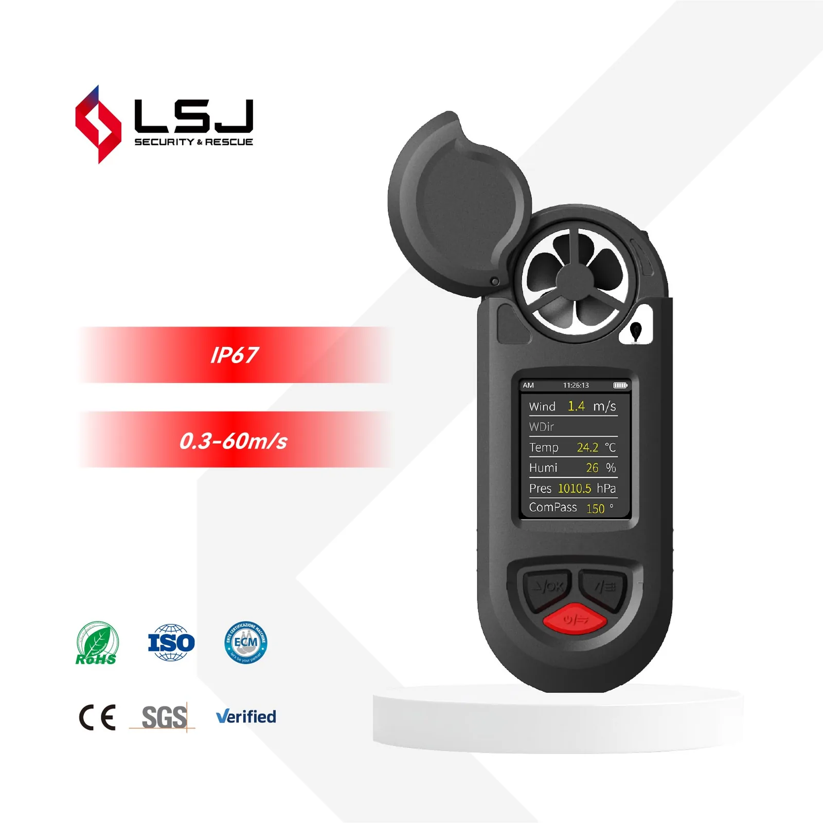 LSJ HW-W01 weather meter presented by LSJ Security and Rescue with IP67 rating, 0.3 to 60 m per s wind speed range and CE, RoHS, ISO, SGS compliance marks