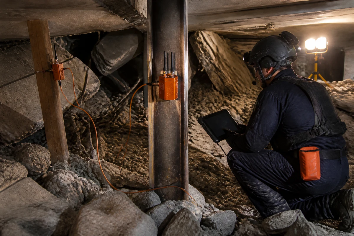 Rescuer placing sensor probe inside confined collapse void