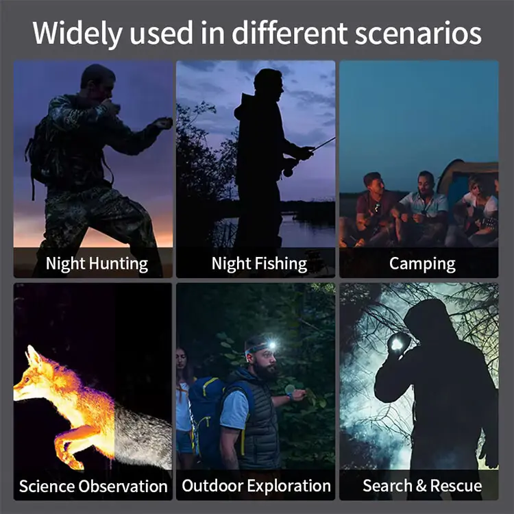 Collage of outdoor thermal camera scenarios including night hunting, night fishing, camping, science observation, outdoor exploration and search and rescue