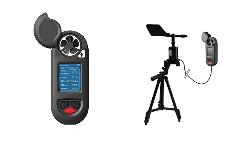 Handheld weather meter measuring wind speed, temperature, humidity and barometric pressure alongside a tripod-mounted anemometer station