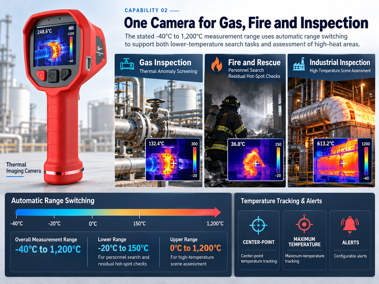 Handheld thermal camera with wide measurement range