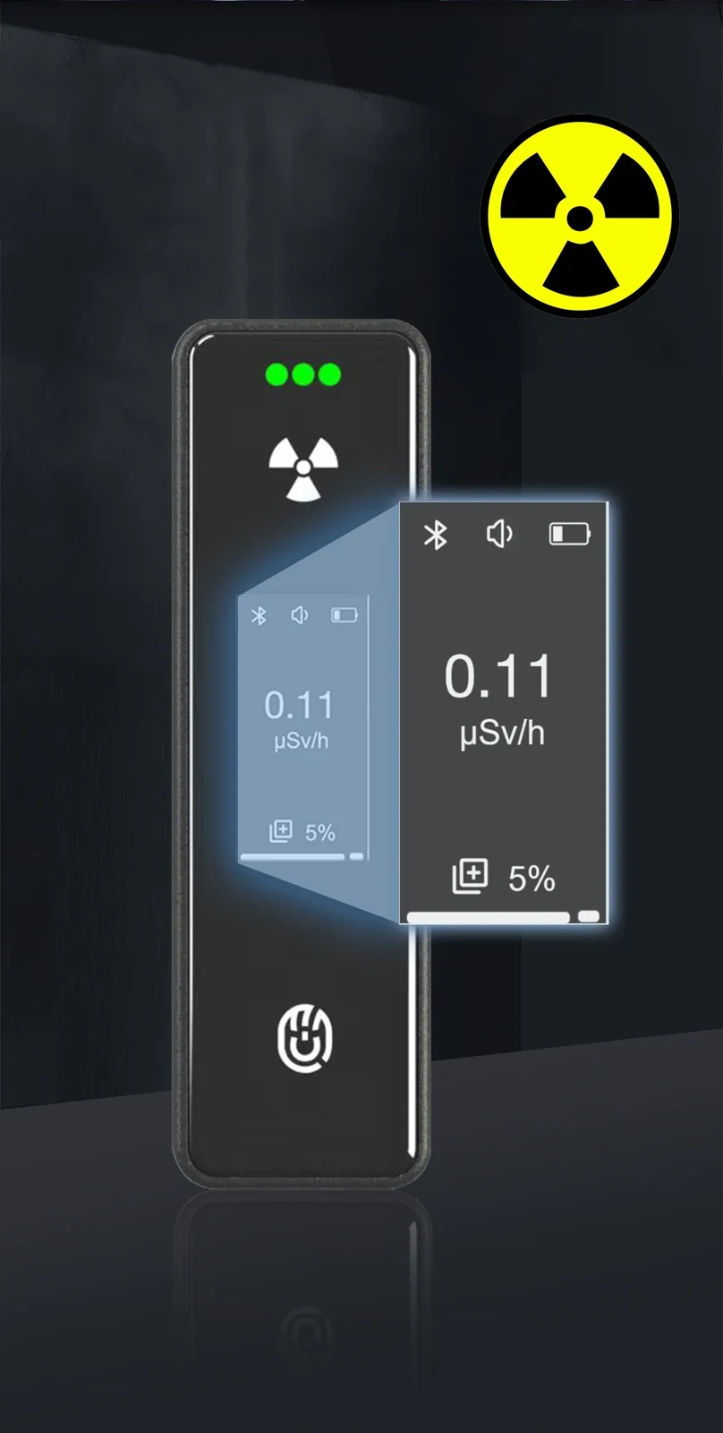 LSJ SEED-RA display close-up showing live 0.11 uSv/h dose-rate reading and battery indicator