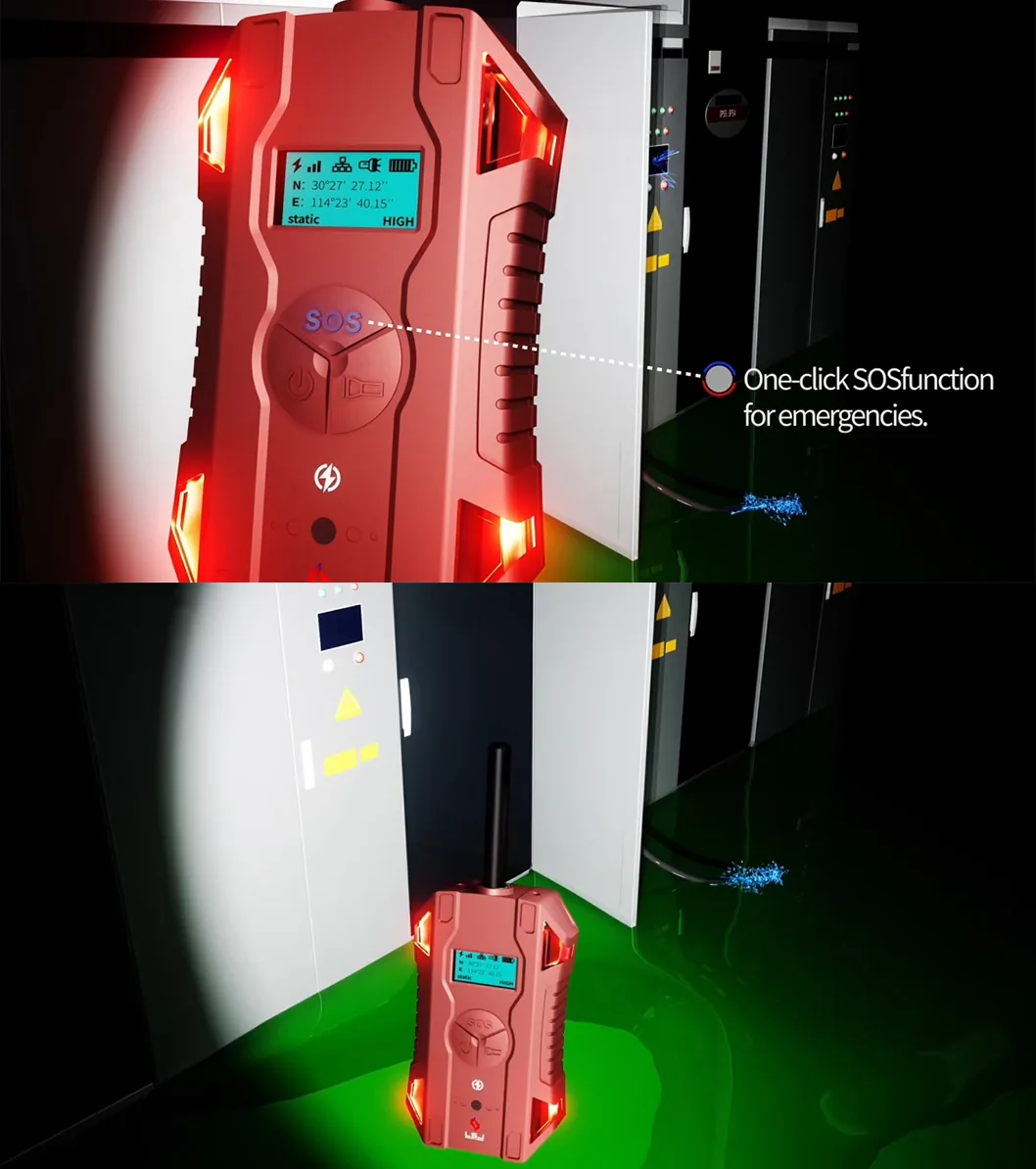 LSJ HX-TAC detecting a live cable leaking electricity into floodwater beside electrical cabinets, with red visual alarms and one-key SOS emergency function