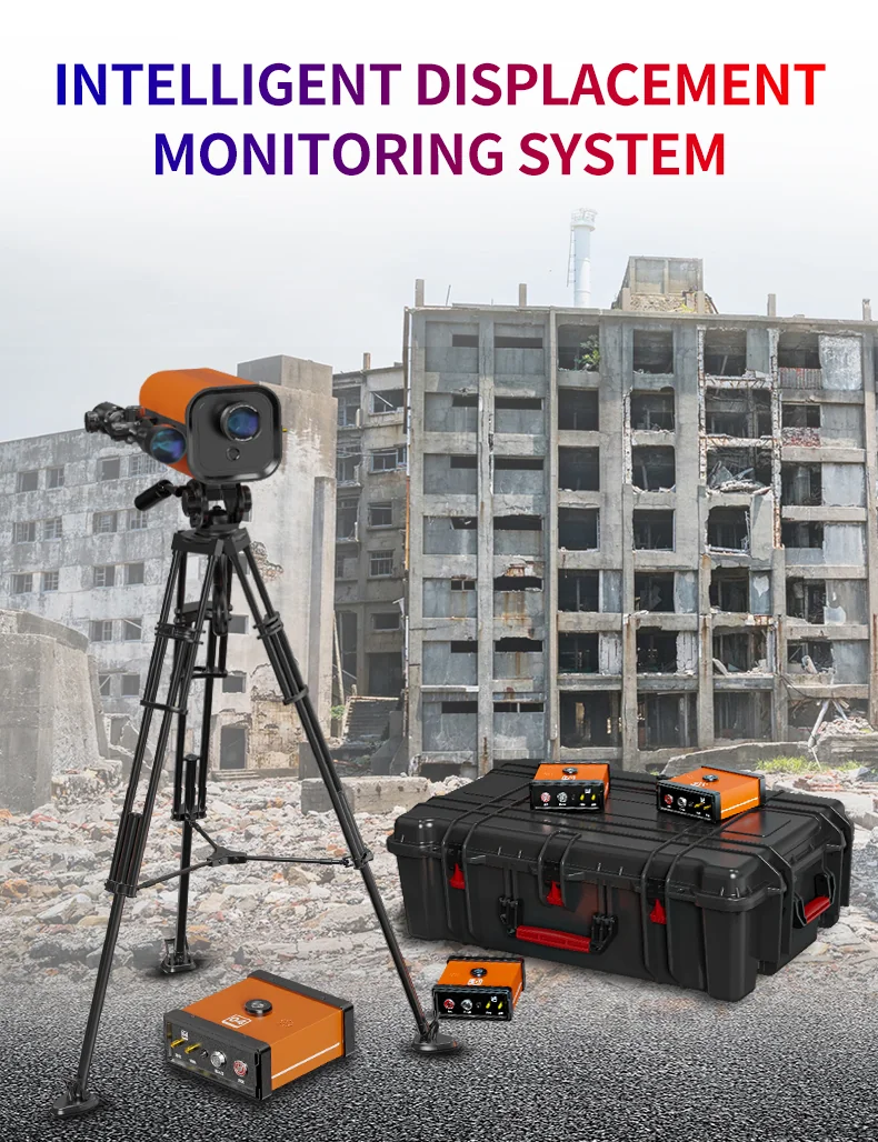 LSJ YZ-120 structural displacement monitoring system kit with laser measurement head on tripod, wireless sound and light alarm units and rugged transit case at a damaged building site