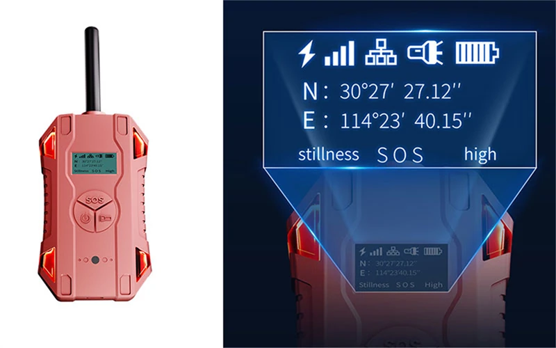 Rugged firefighter emergency locator beacon with GPS coordinates, SOS button and man-down stillness detection