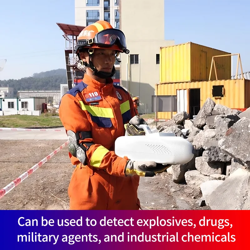 Rescue technician operating the LSJ SEED-PM trace detector to screen for explosives, drugs, military chemical agents and industrial toxic chemicals
