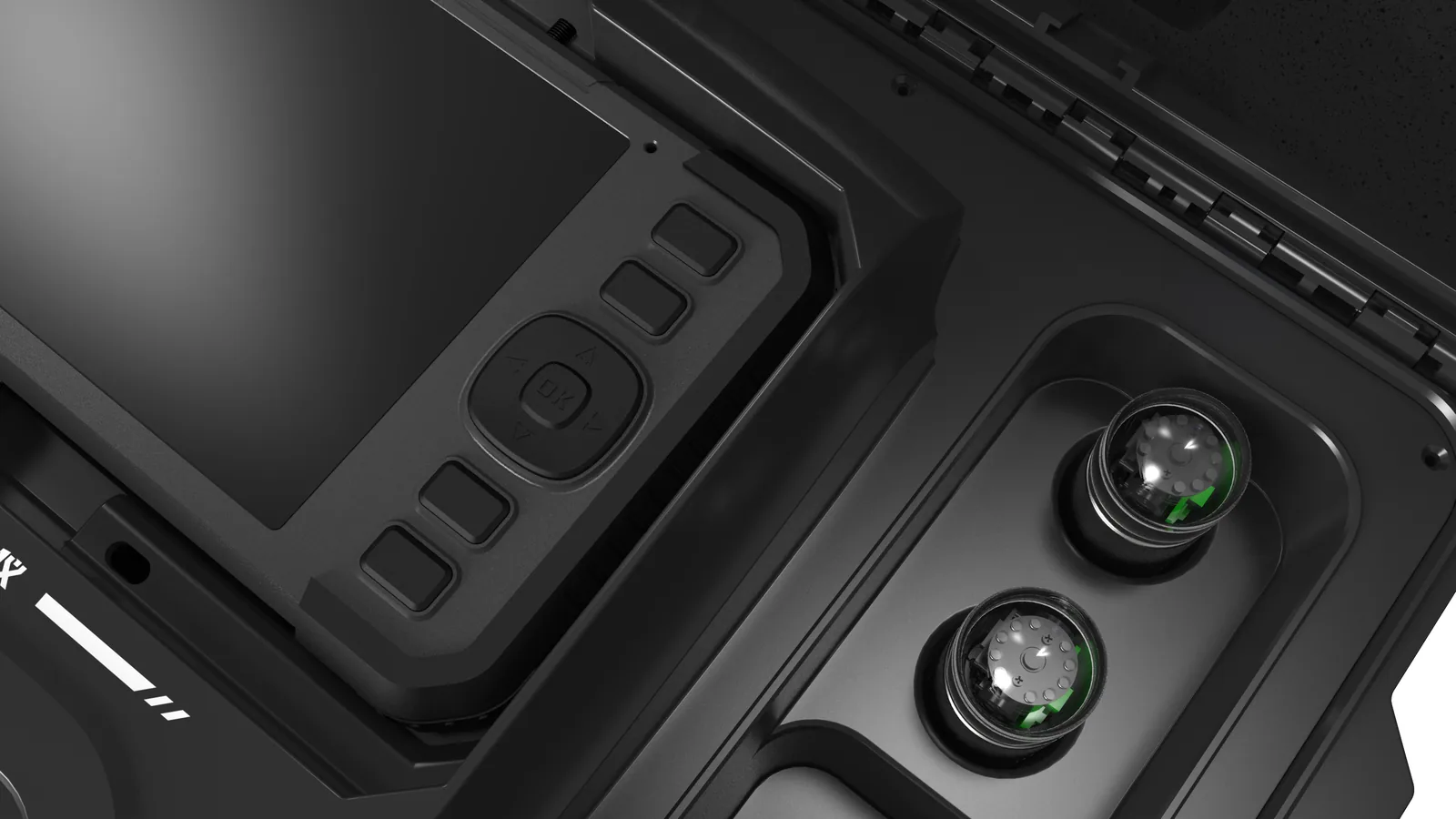 LSJ CAMB-V500 integrated case interior with display terminal and rotating camera probes in custom foam