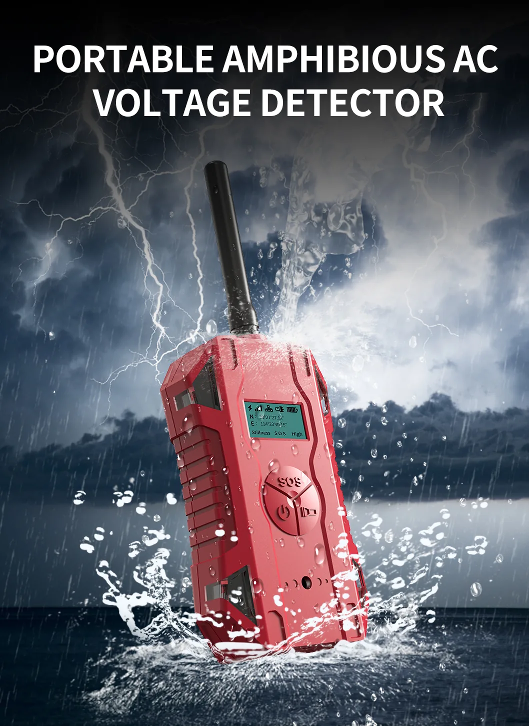 LSJ HX-TAC amphibious AC voltage detector splashing through floodwater during a lightning storm, sealed IP67 leakage detector for rescue teams