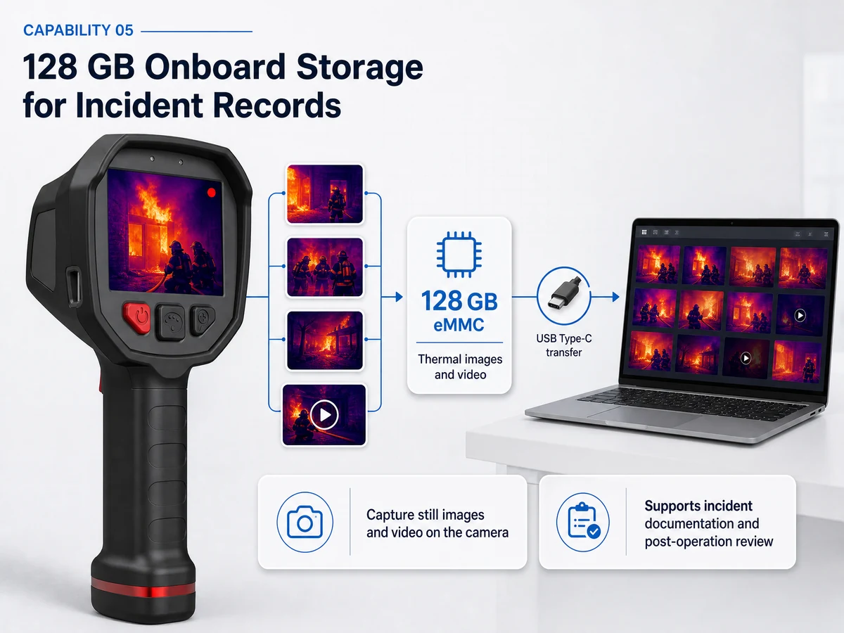 LSJ-F1200 thermal imaging camera recording incident images and video on 128 GB storage