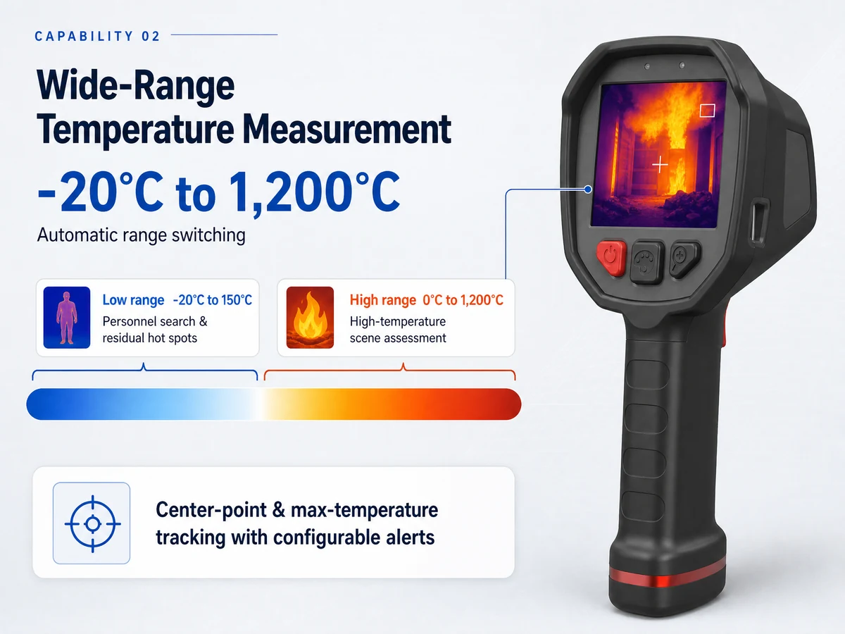 LSJ-F1200 thermal camera measuring a wide temperature range during fireground assessment