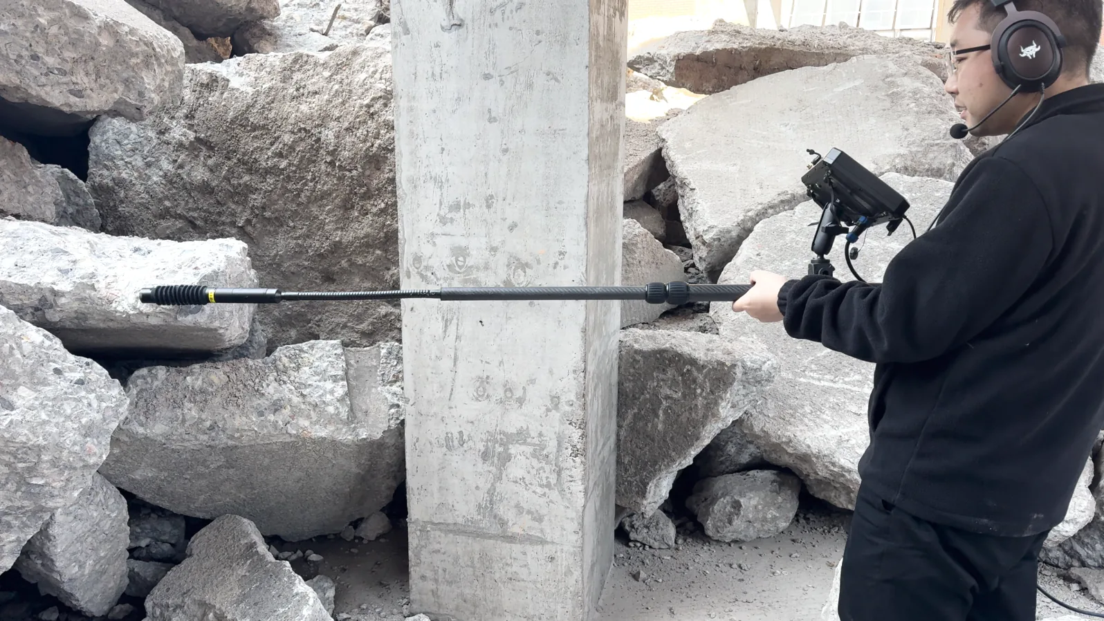 Rescue operator inserting the LSJ-C-E telescopic pole camera probe through a narrow gap in collapsed concrete rubble