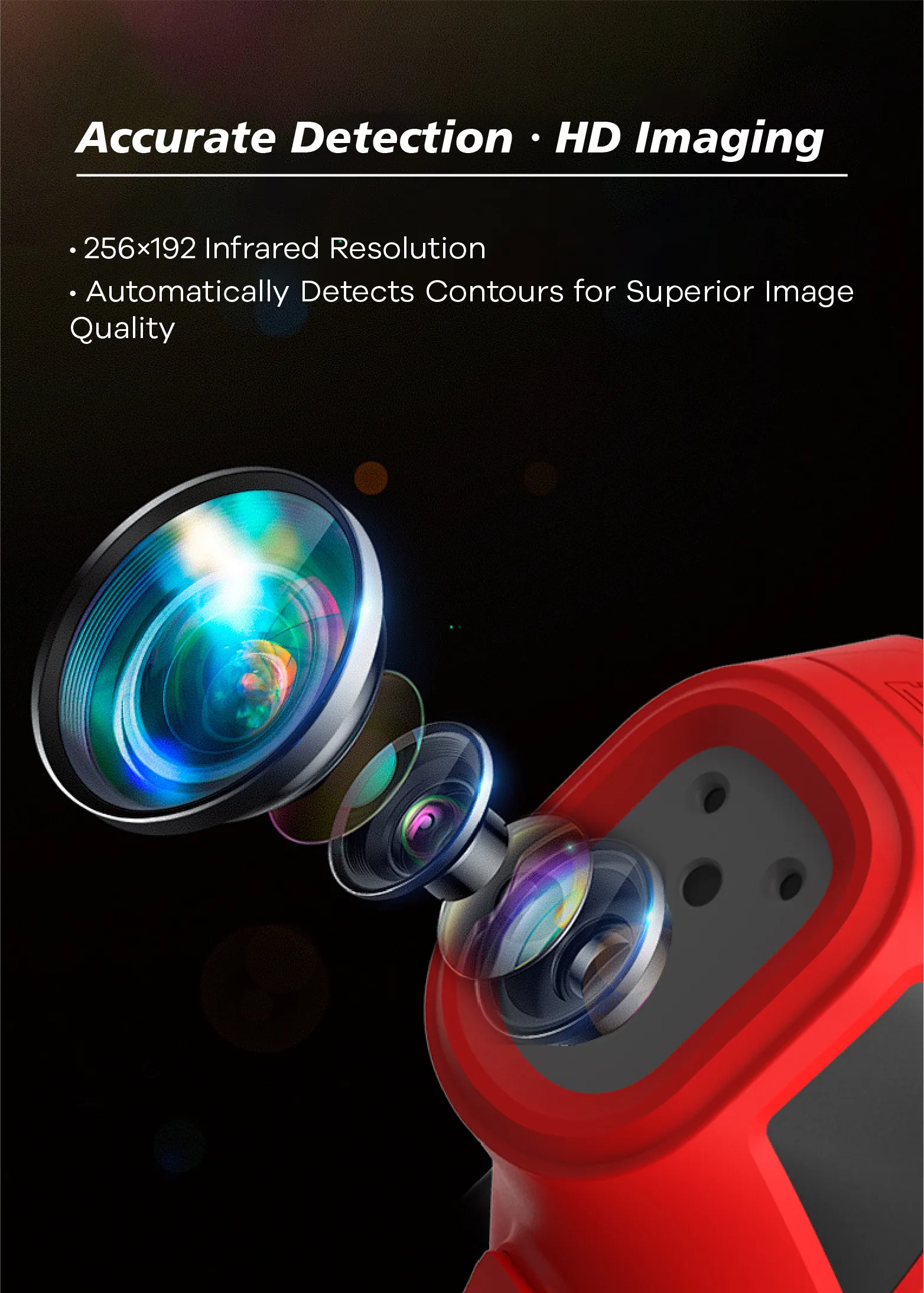 Close-up of the LSJ E310 Plus infrared lens module delivering 256 by 192 thermal resolution with automatic contour detection