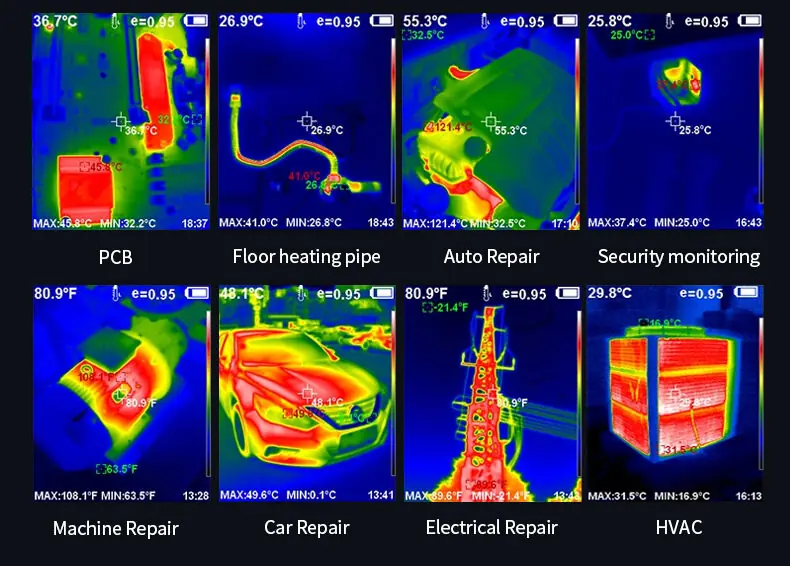Grid of thermal imaging detection results covering PCB inspection, floor heating pipes, auto repair, security monitoring, machine repair, car repair, electrical repair and HVAC