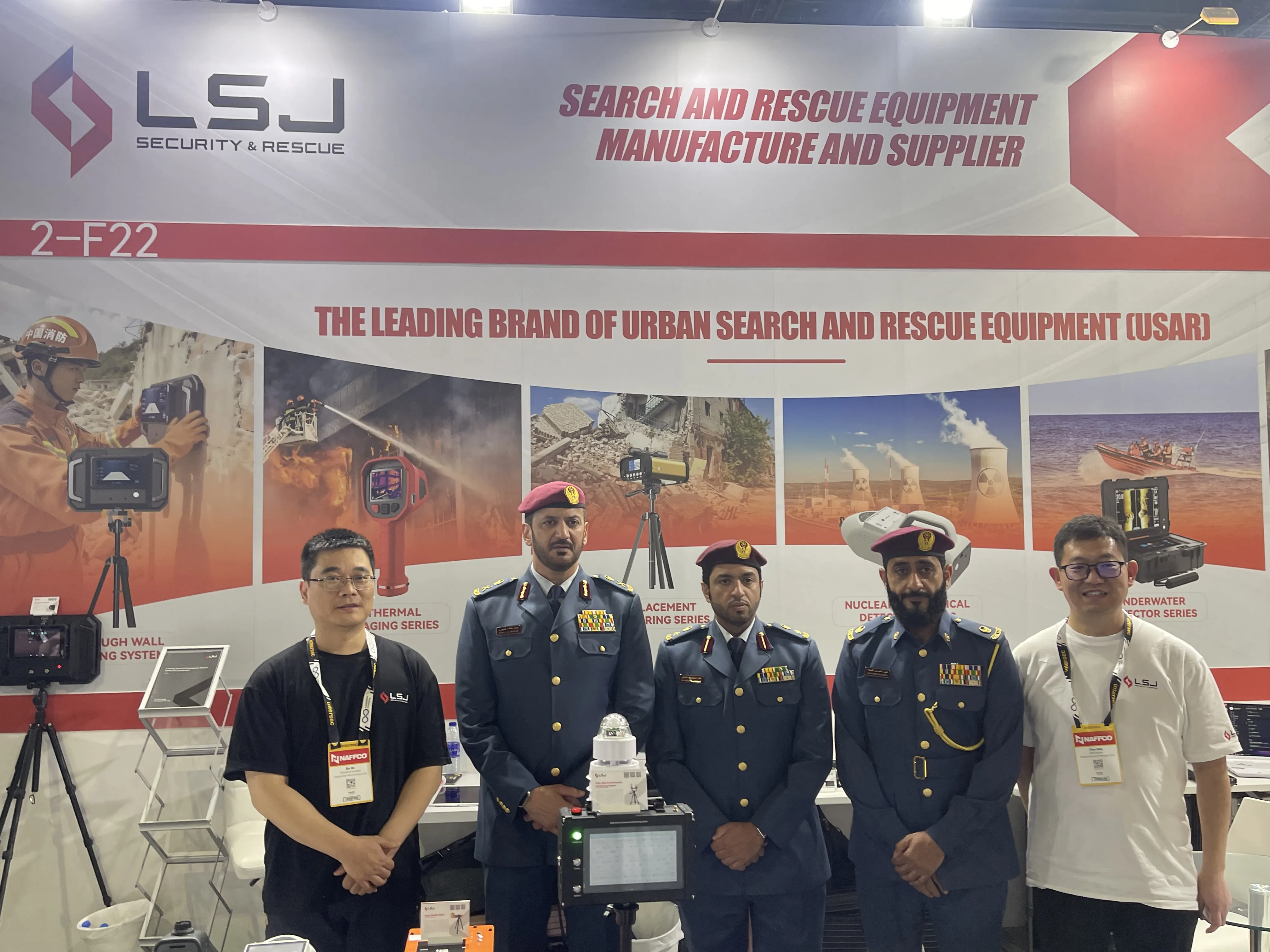 IMG-01 | LSJ and UAE Civil Defense at INTERSEC 2026 Dubai LSJ team posing with UAE Civil Defense officers at the Hall 2, Booth 2-F22 stand during INTERSEC 2026 in Dubai, showcasing urban search and rescue (USAR) equipment.
