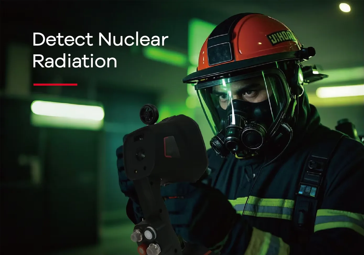 HazMat firefighter using the LSJ MF-500 to detect nuclear radiation during a CBRN response