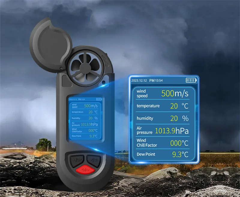 Handheld weather meter measuring wind speed, temperature, humidity and air pressure for rescue teams