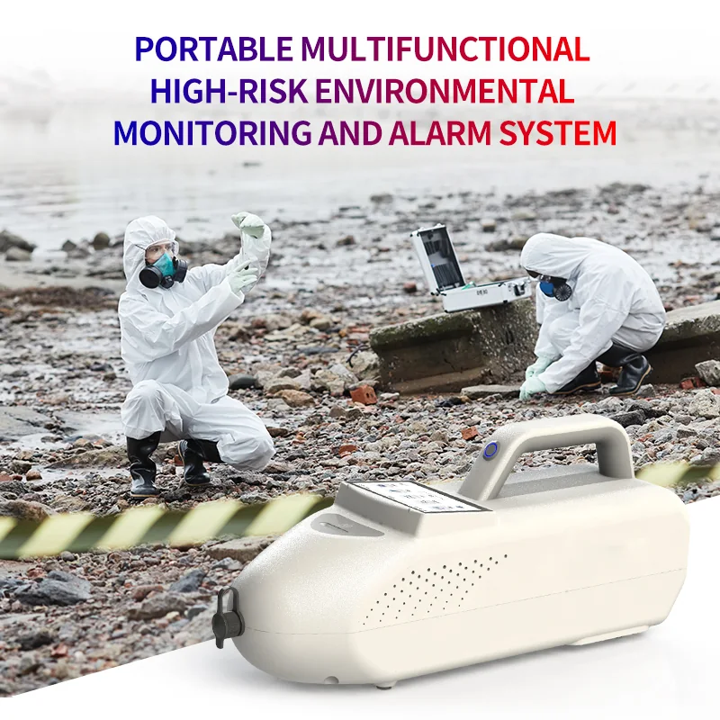 Hazmat technicians in protective suits surveying a contaminated shoreline with the LSJ SEED-PM portable high-risk environmental monitoring and alarm system