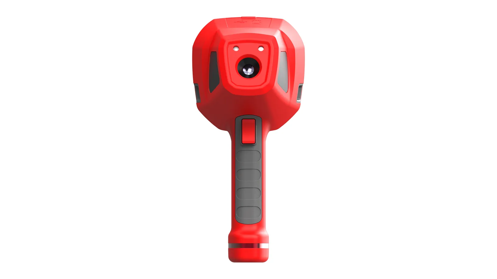 Front render of the LSJ TIG10 optical gas imaging camera showing the uncooled long-wave infrared lens and dual auxiliary sensors