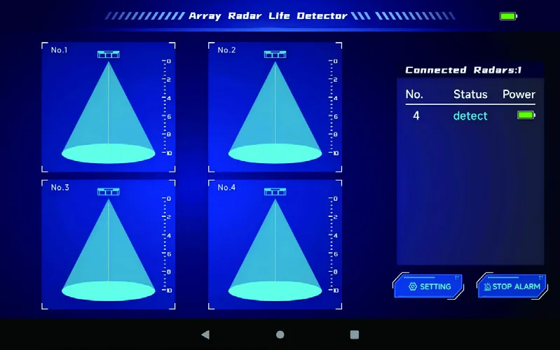 LSJ-ARD 8-inch rugged control tablet English interface showing four radar channels, target status and battery level
