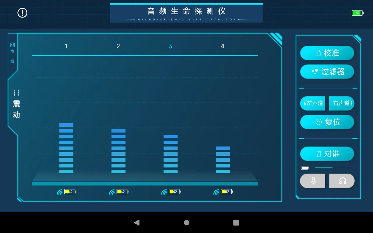 Microseismic life detector control terminal showing four connected sensor signal levels
