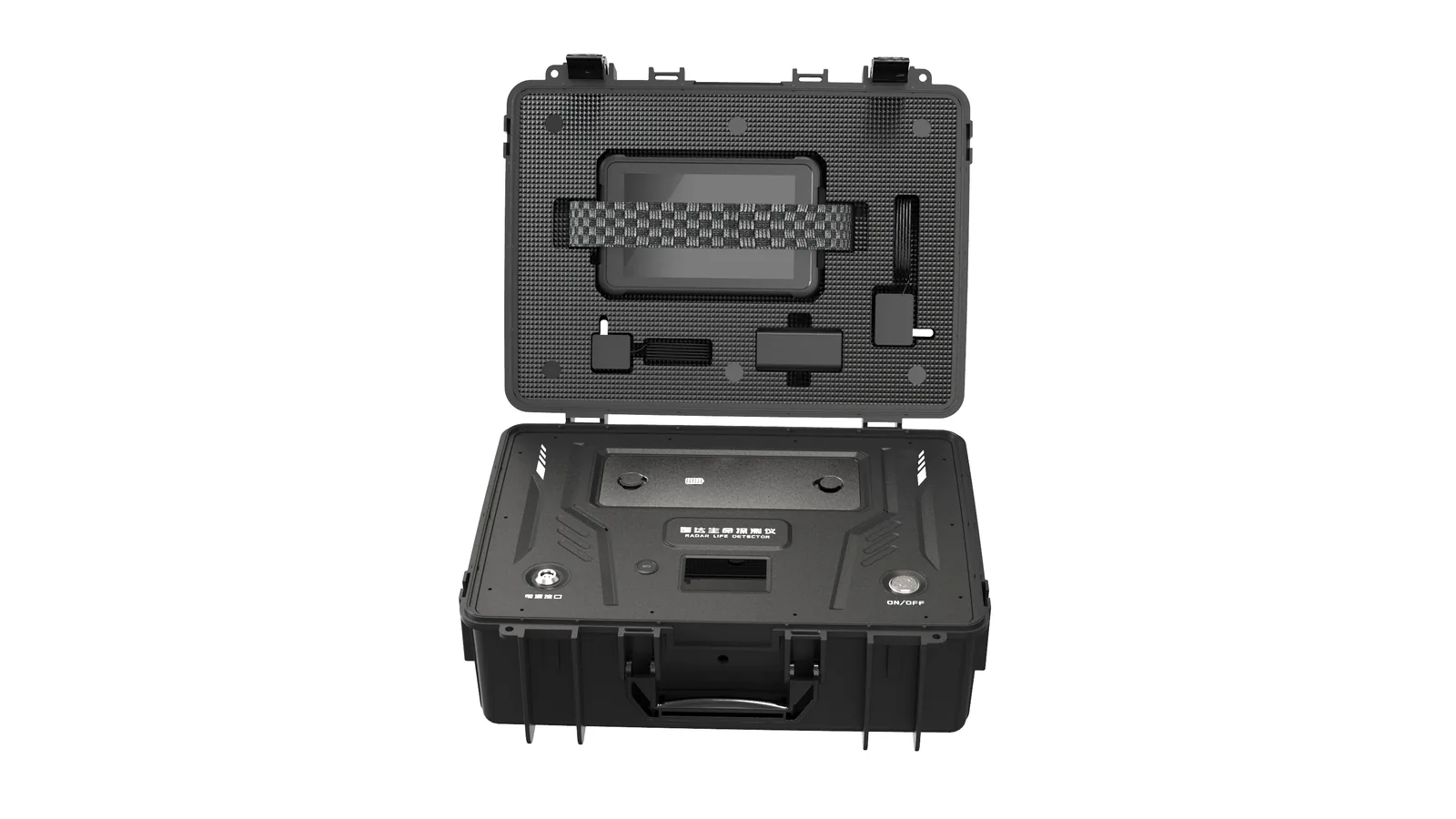 Front view of the LSJ-M toolbox-style integrated rugged case open on a white background, molded-foam lid with handheld terminal slot and carry strap, and the radar host control panel in the base