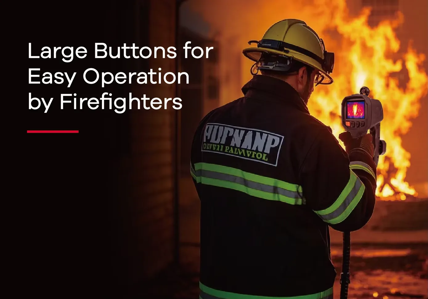 Firefighter operating the LSJ MF-500 thermal imager in thick smoke using large glove-friendly buttons