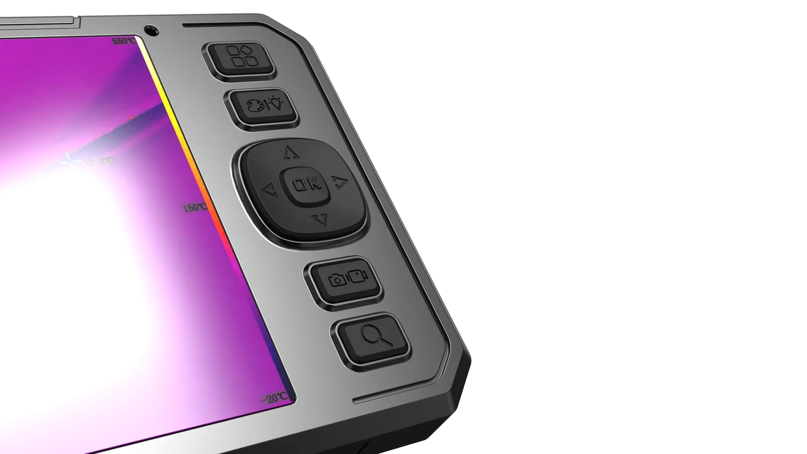 LSJ-C-E 8-inch 1080P display terminal showing thermal imaging temperature scale and rugged physical keypad controls