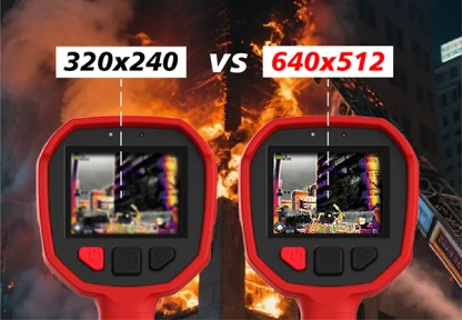 Side-by-side comparison of 320 by 240 and 640 by 512 thermal resolution on the LSJ TIG10 during a structure fire