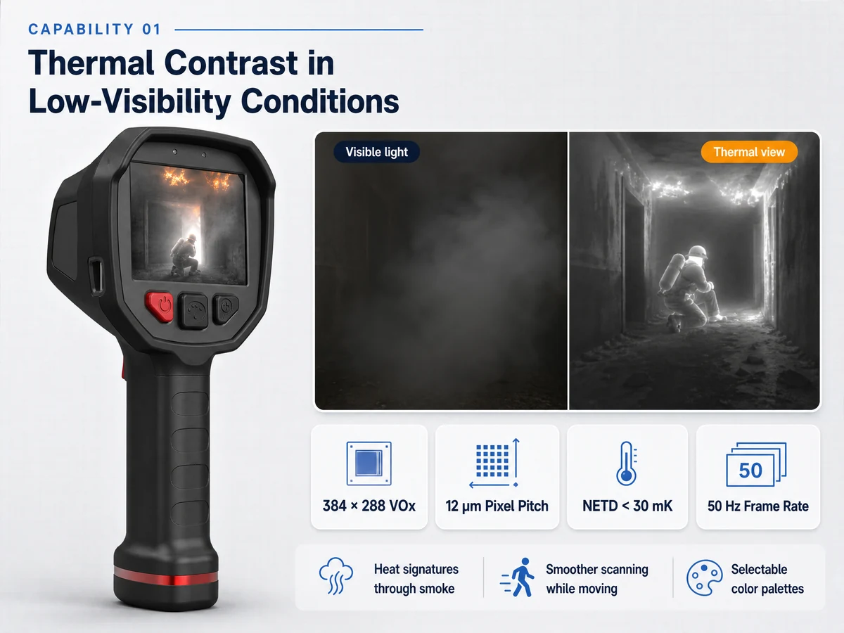 LSJ-F1200 firefighting thermal imaging camera showing thermal contrast in smoke