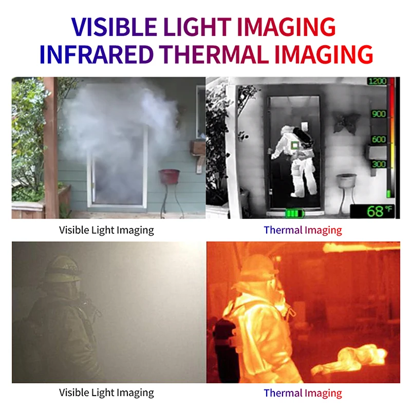 Visible light versus infrared thermal imaging comparison showing how firefighters see through smoke to locate people and hotspots