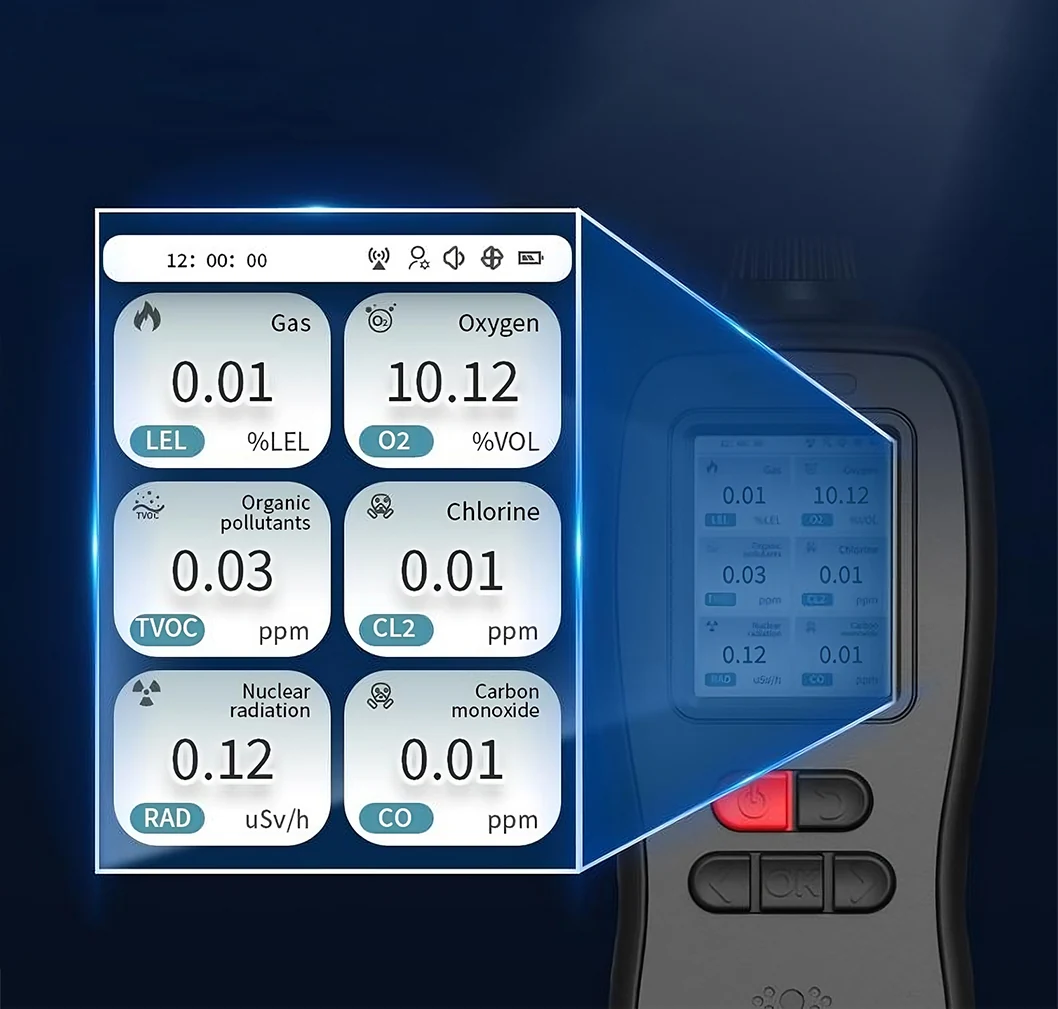 LSJ SEED-MG - 2.8-inch Color Screen with Six-Gas Readings and Wireless Icons LSJ SEED-MG 2.8-inch color LCD interface displaying LEL, O2, TVOC, Cl2, radiation and CO readings with wireless status icons
