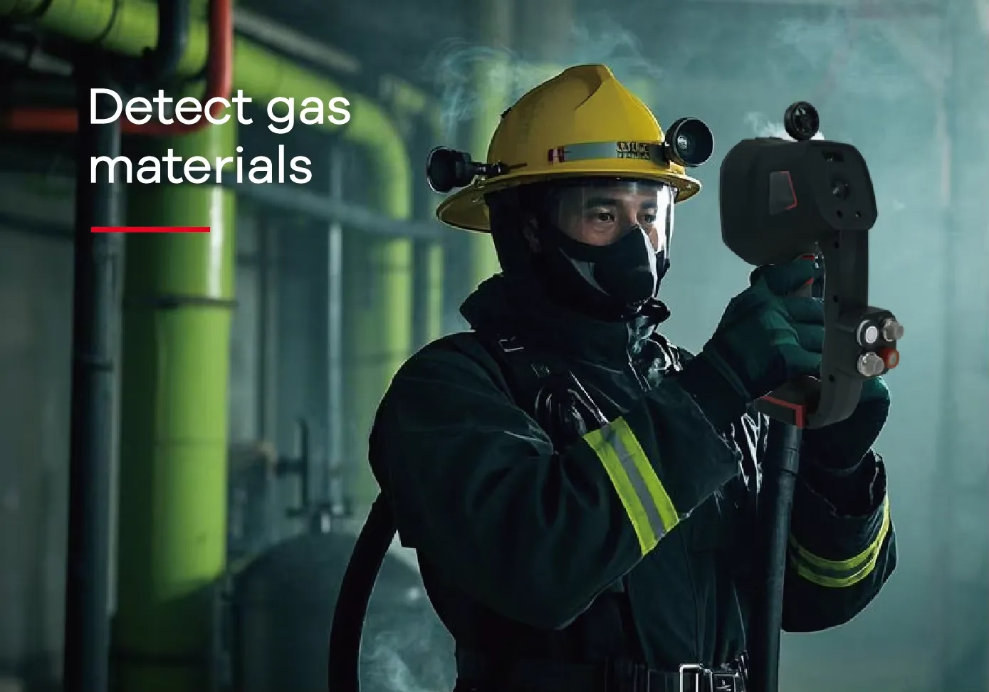 Firefighter using the LSJ MF-500 detachable four-gas detector to detect toxic and combustible gas in an industrial plant