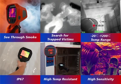 Six LSJ TIG10 features: see through smoke, trapped victim search, minus 20 to 1200 Celsius range, IP67, heat resistance, high sensitivity