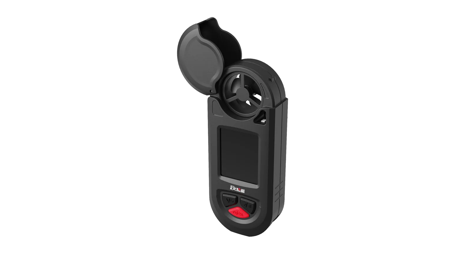 LSJ HW-W01 handheld weather meter with protective cover open showing the anemometer impeller, color LCD and keypad