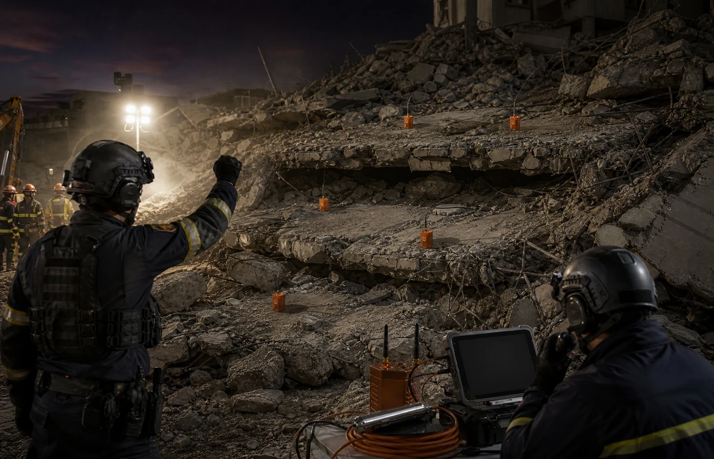 CRMB-RAD wireless sensor probe deployed in concrete rubble with antenna extended