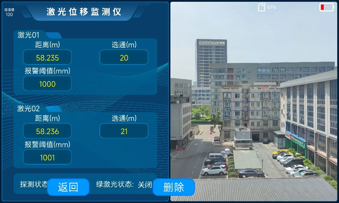 LSJ YZ-120Pro dual laser monitoring interface with live camera view of the monitored structure