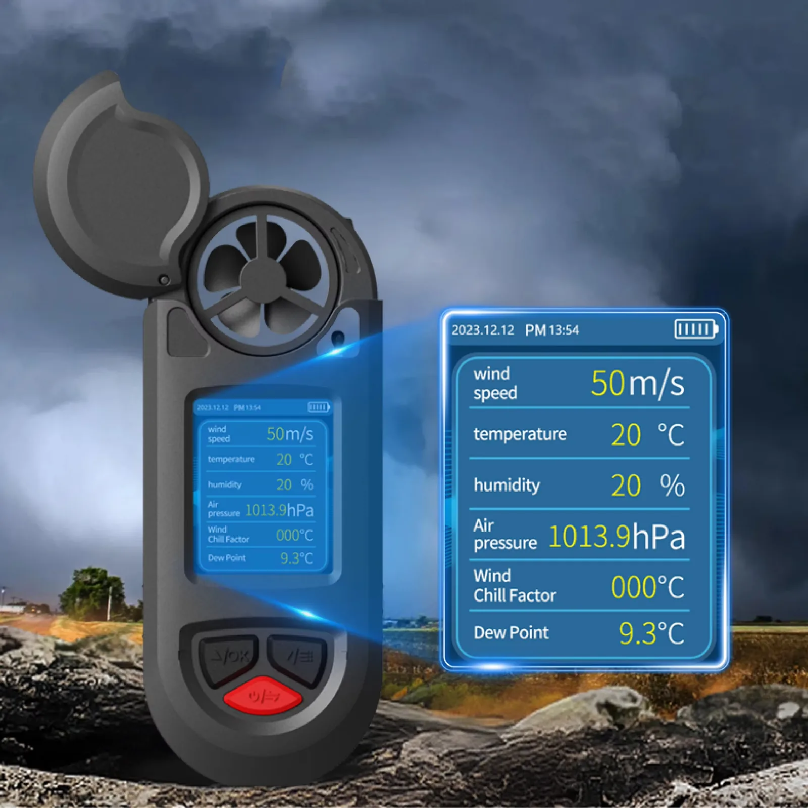 LSJ HW-W01 1.8-inch color LCD displaying simultaneous wind speed, temperature, humidity, air pressure, wind chill and dew point readings in a storm field environment